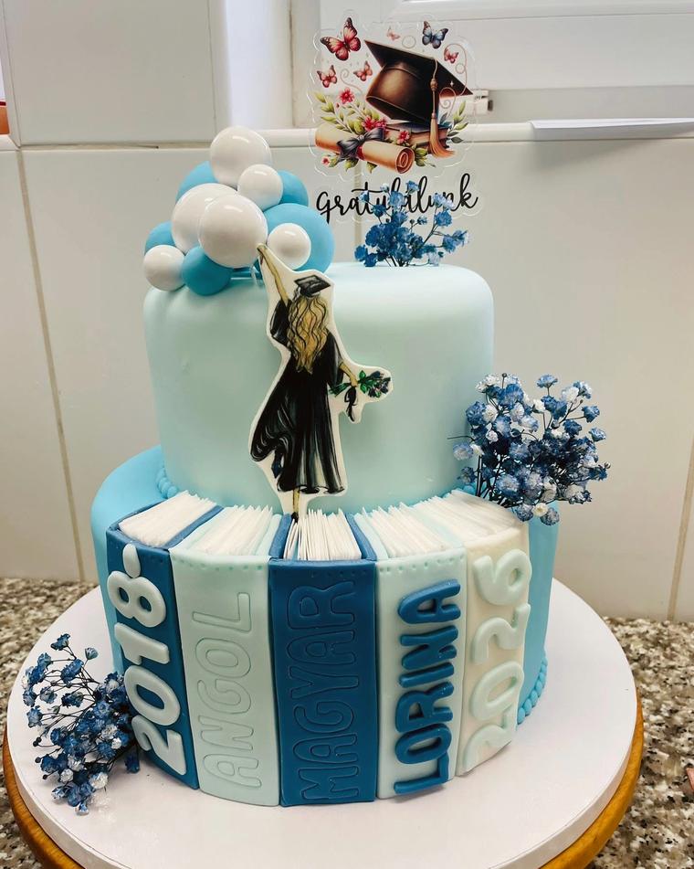 Kétemeletes kék ballagási torta évszámokkal és ballagó alakkal